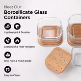 Heart Home Pack of 3 Borosilicate Glass Kitchen Containers with Bamboo Lid | 310ml 510ml 800ml | Airtight Square Fridge Storage Boxes | Glass Jars for Cereal, Dry Fruits | Happy Dance Print